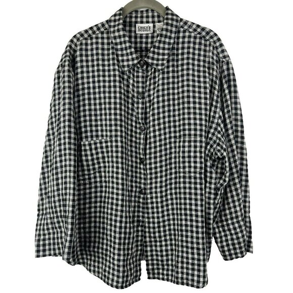 Chicos Women's Blouse Top XL Black White Check 100% Linen Long Sleeve Button Up - Picture 1 of 7